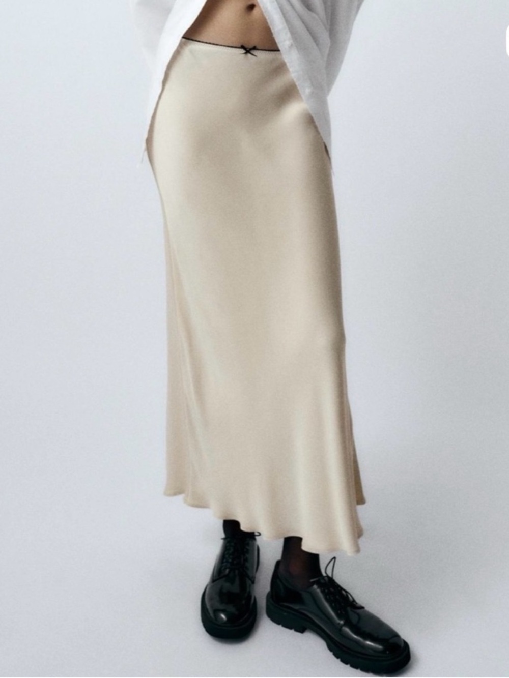 Zara Cream Satin Maxi Skirt Black Bow NWT XXL